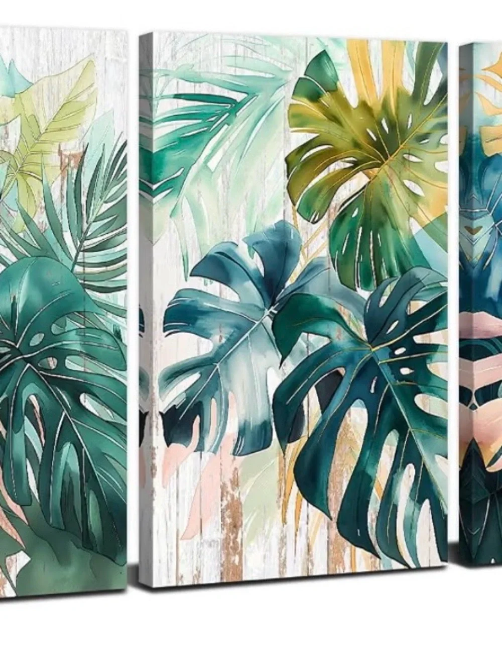 🆕 set of 3 12in x 16in Tropical Monstera Triptych Wall Art - Teal & Coral